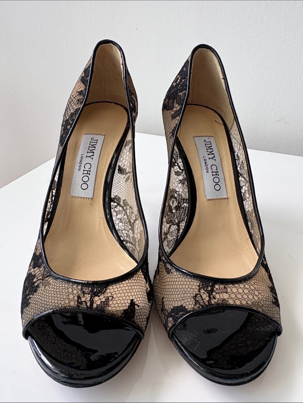 Jimmy Choo Black Lace and Nude Peep-Toe Heels
